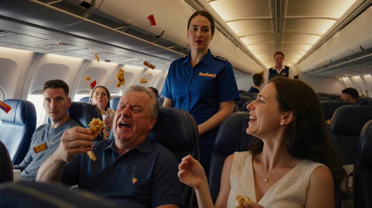 Male passenger throwing food at his wife with calm Southwest crew member behind and shocked passengers around