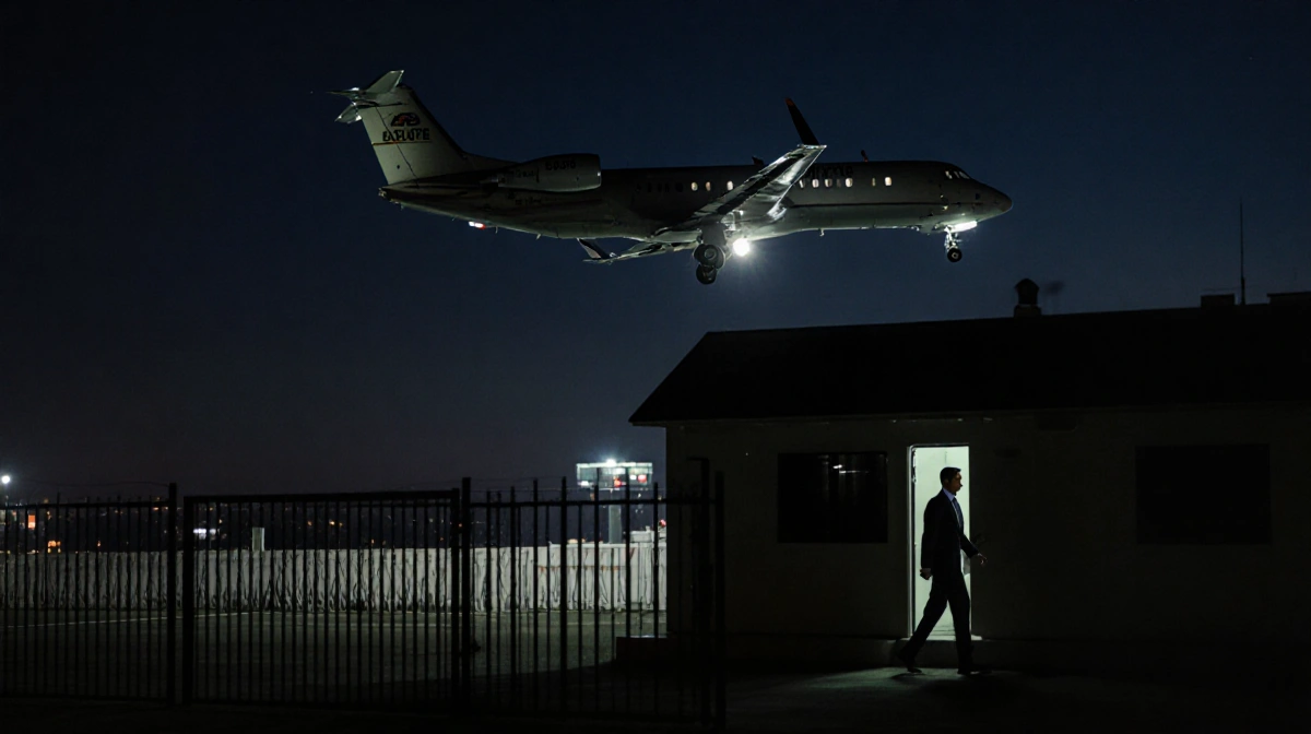 Small airplane landing with engines lit near dim terminal and closed military base gate with Maduro silhouette