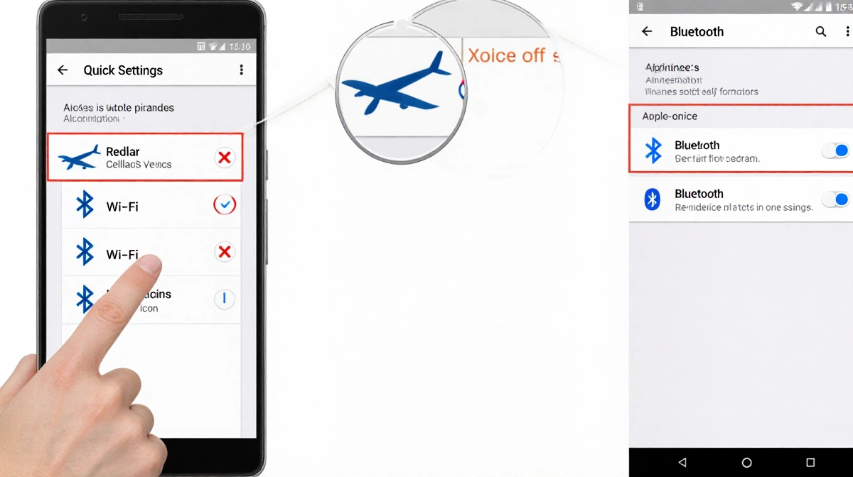 Finger swiping down smartphone with airplane mode activating and radio icons turning off showing 15 second timer