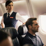 Male passenger looks away with defiance and guilt while flight attendant observes sternly near warm window light in airplane