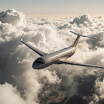 Airplane soaring through turbulent skies with swirling clouds and golden light