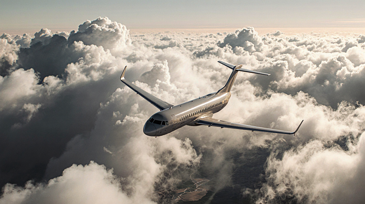 Airplane soaring through turbulent skies with swirling clouds and golden light