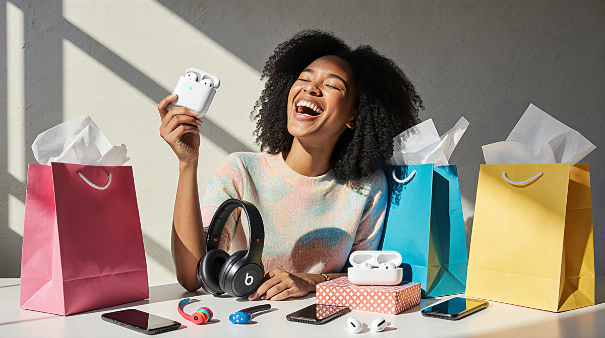 Woman holding up new AirPods with smiling eyes closed amid colorful Beats earbuds and Apple devices in bright natural light
