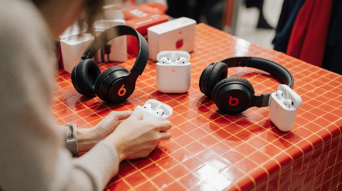 Shoppers examine AirPods and Beats headphones on colorful tablecloth with deals signs showing savings