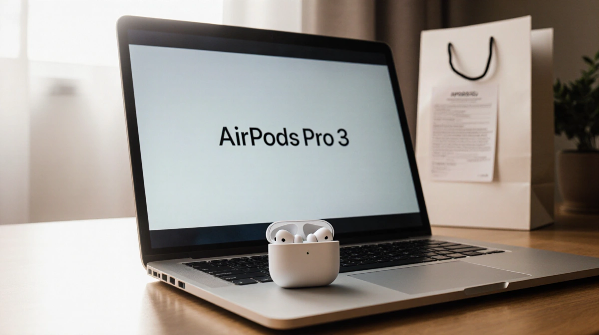 Open laptop shows AirPods Pro 3 logo on screen with shopping bags and receipts hinting at deals