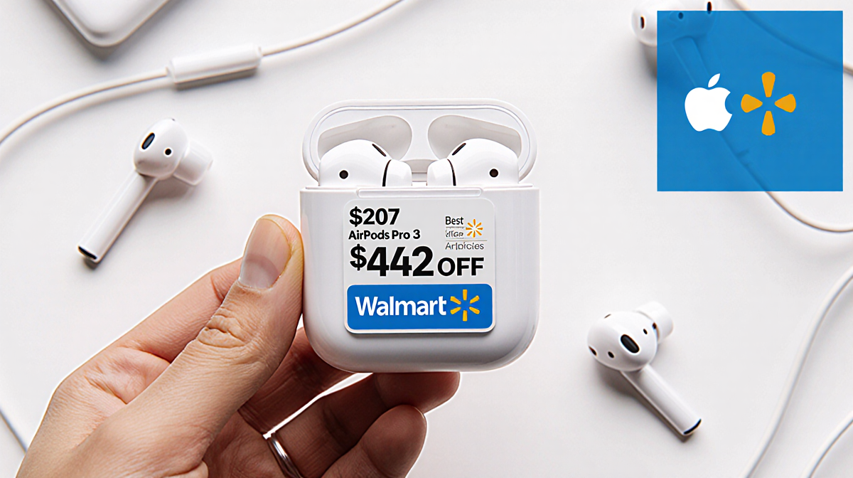 Person holding up AirPods Pro 3 with price tag $207 and $42 off discount sticker on white background