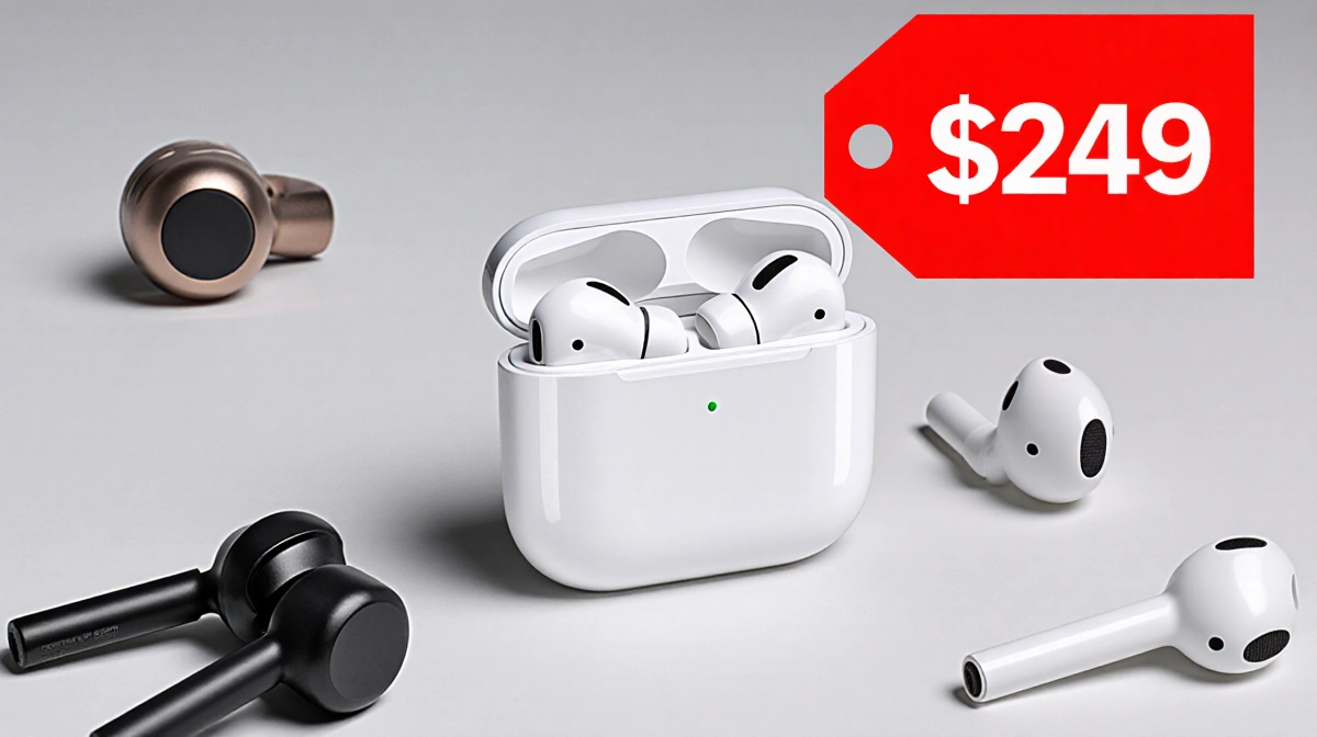 AirPods Pro 3 sitting on minimal surface with red $249 price tag above and older earbuds nearby