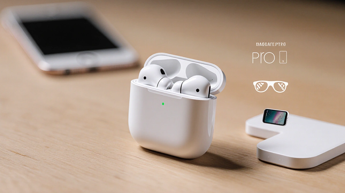 AirPods Pro being lifted from wooden surface with MagSafe charger showing USB-C port and vision glasses icon nearby