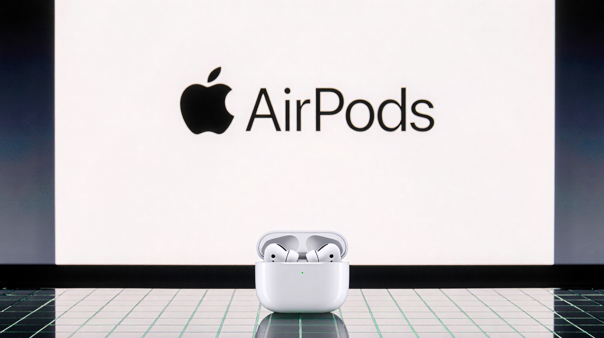 AirPods Pro 3 earbuds resting on sleek desk with glowing screen backdrop and subtle glass grid pattern