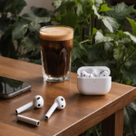 AirPods Pro 3 resting on wooden surface with artisanal coffee beside lush greenery and subtle tech accents