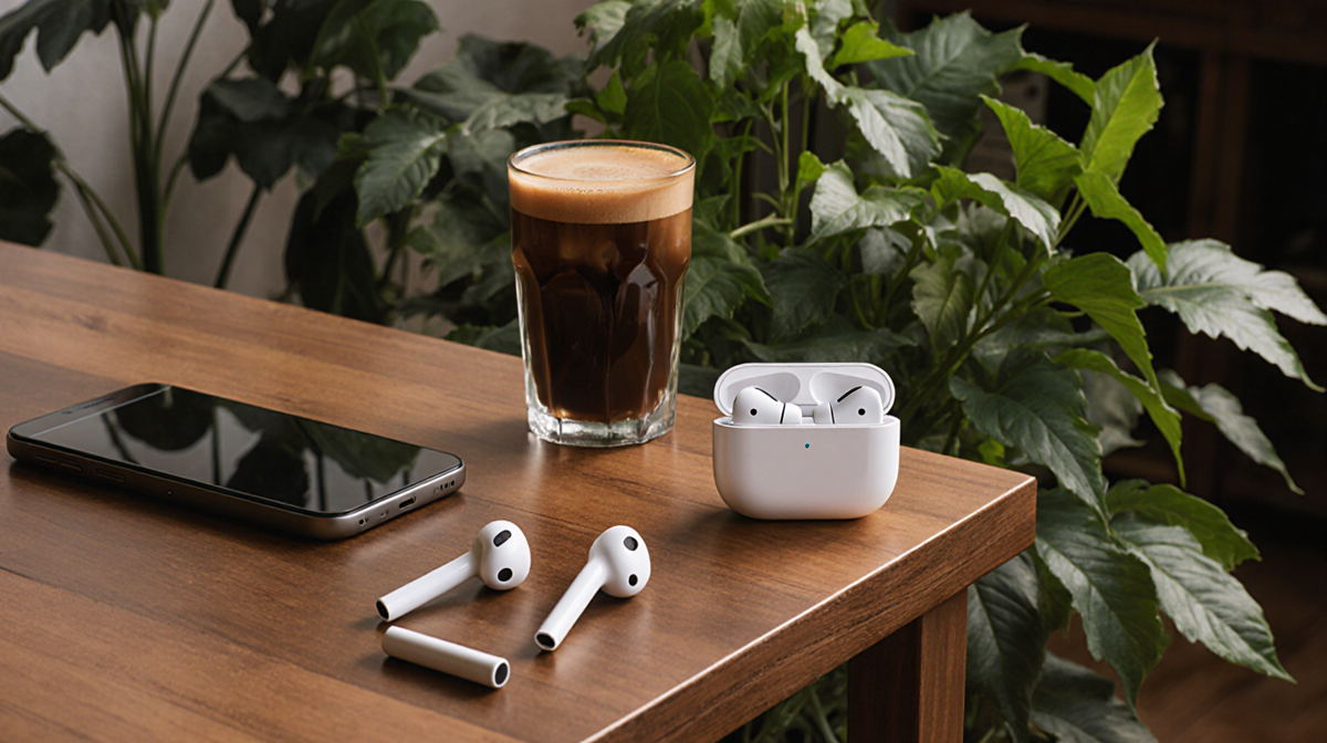 AirPods Pro 3 resting on wooden surface with artisanal coffee beside lush greenery and subtle tech accents