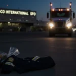 Dim cargo tug truck stands on tarmac with eerie lights and a makeshift memorial with flowers and uniform against blurred SFO