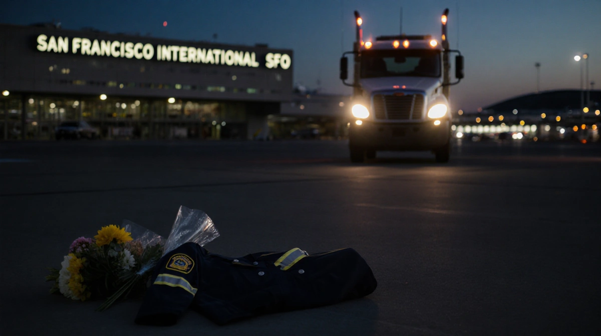 Dim cargo tug truck stands on tarmac with eerie lights and a makeshift memorial with flowers and uniform against blurred SFO