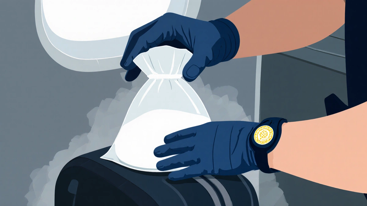 Police officer inspecting luggage with white powder visible on table and gloves handling evidence