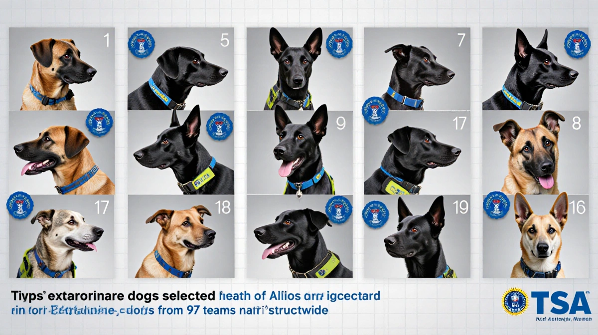 Calendar presents 13 canine faces with airport detection gear in muted colors and bright blue TSA accents.