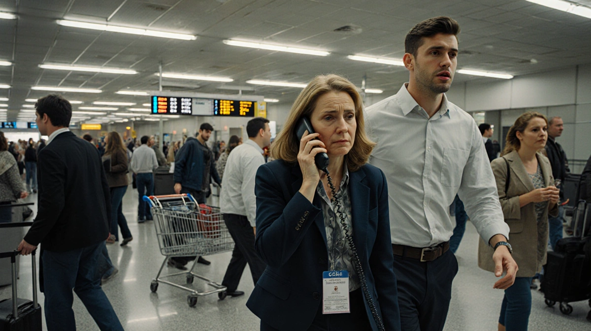 Mother talking on phone with stepbrother pacing nearby and airport departure boards showing flights