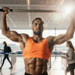 Fitness enthusiast pulling up on sleek mini gym bar with sweaty determination and blurred airport passengers in background