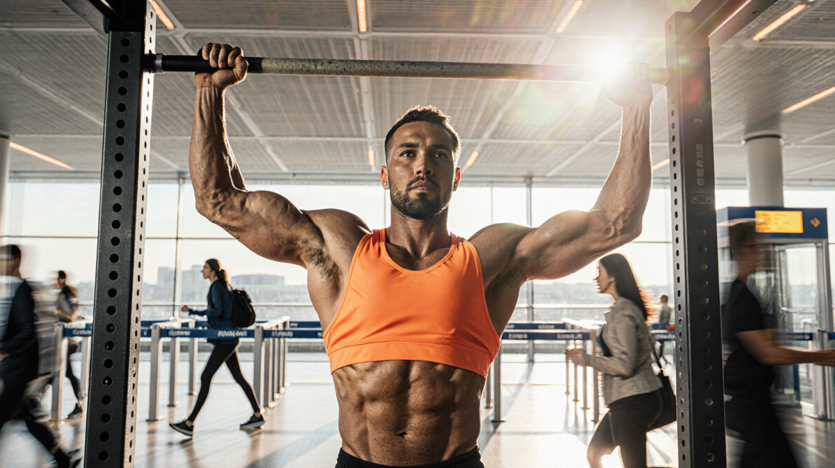 Fitness enthusiast pulling up on sleek mini gym bar with sweaty determination and blurred airport passengers in background