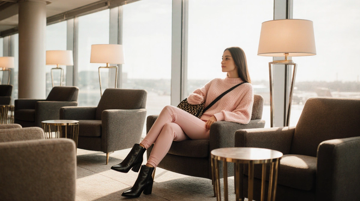 Woman lounges in pink sweater and leggings with designer tote and boots at plush airport lounge