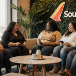 Plus‑size people chatting around a coffee table in a warm airport lounge with greenery and a Southwest logo.