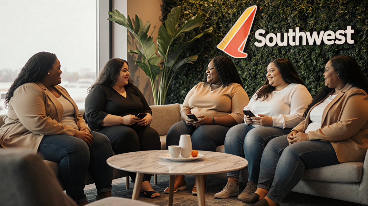 Plus‑size people chatting around a coffee table in a warm airport lounge with greenery and a Southwest logo.