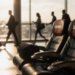 Empty Southwest Airlines seat rests with golden glow and luggage scattered in quiet airport lounge.