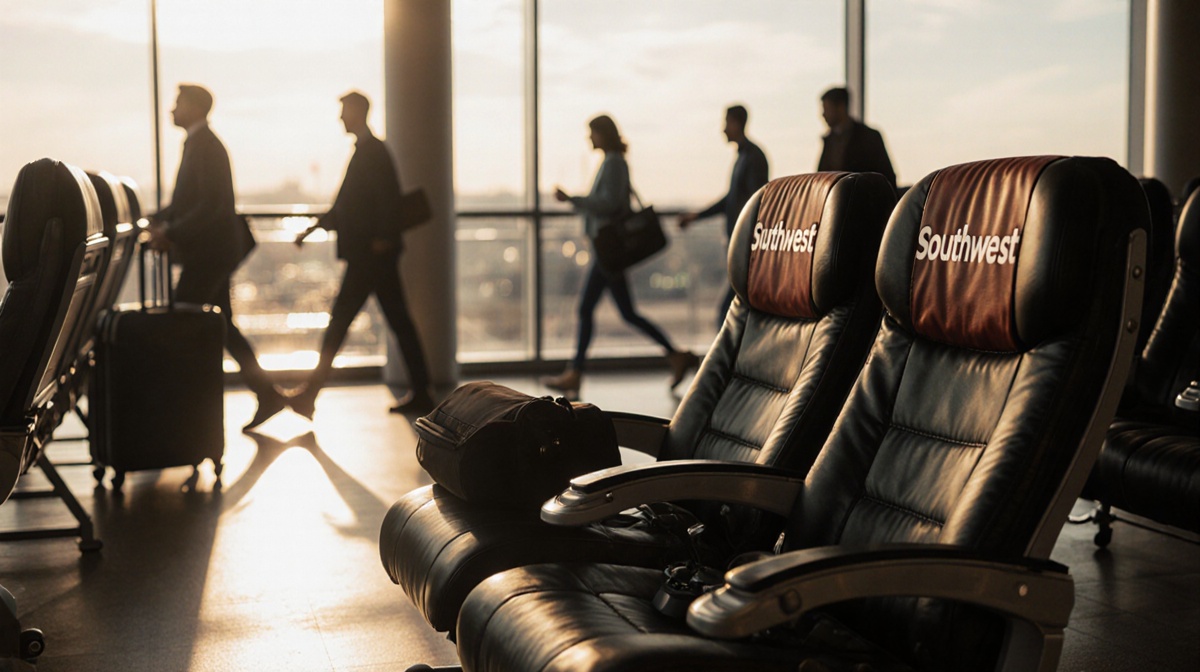 Empty Southwest Airlines seat rests with golden glow and luggage scattered in quiet airport lounge.
