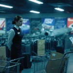 Flight attendant rushing toward boarded gate in airport with exhausted traveler clutching boarding pass under fluorescent glo
