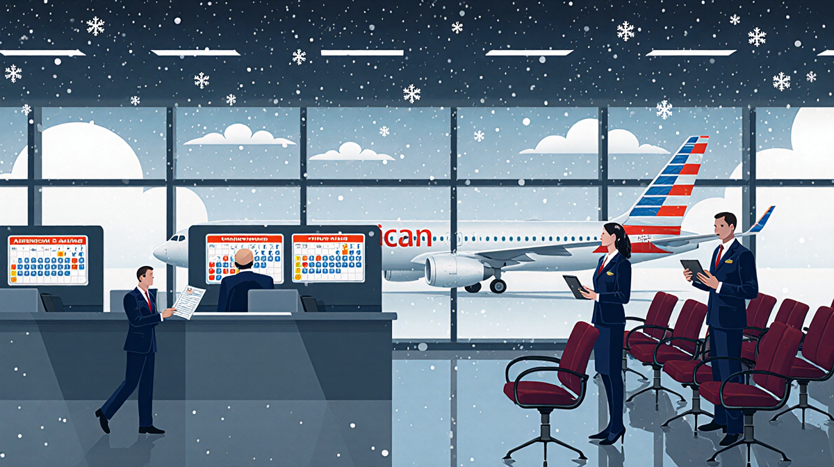 American Airlines staff standing at ticket counter with empty seats and snowflakes falling outside the airport windows.