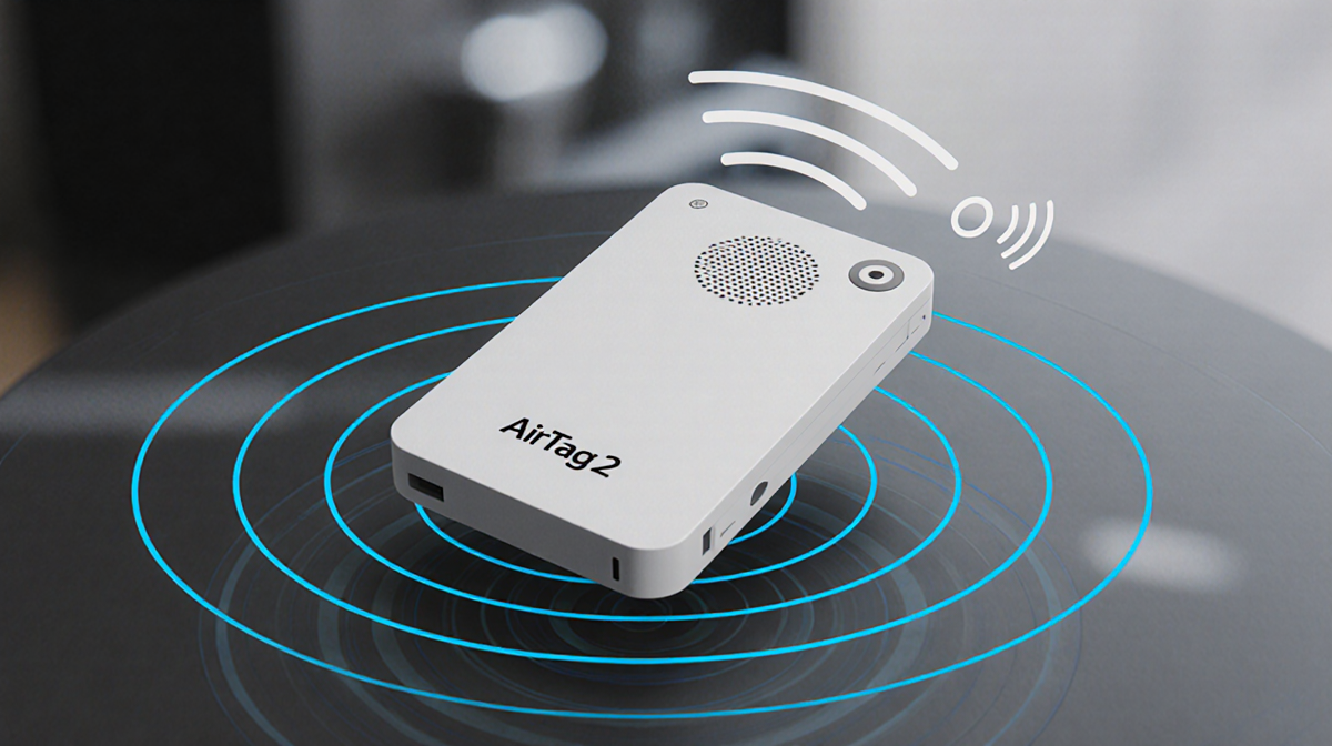 AirTag 2 hovering mid-air with concentric circles and a speaker icon emitting sound waves.