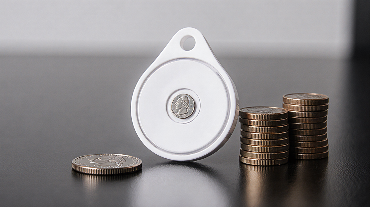 Apple AirTag showing its CR2032 battery with a quarter and three coins nearby on a flat surface.