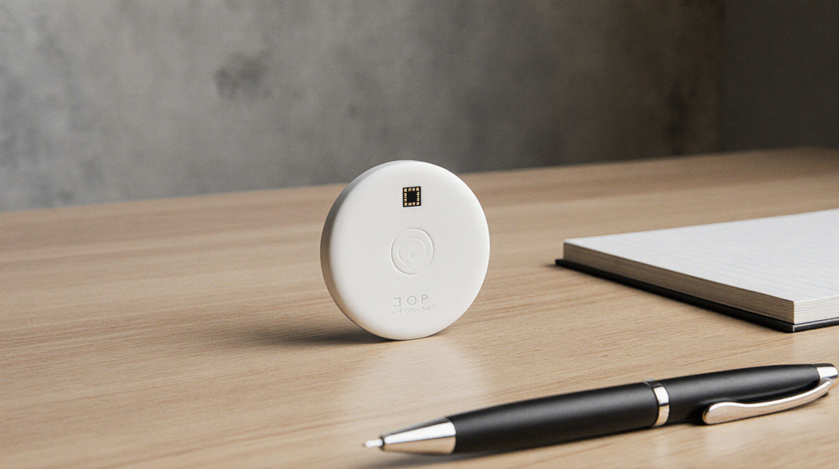 AirTag resting on a wooden desk with soft lighting and a loose notebook beside it