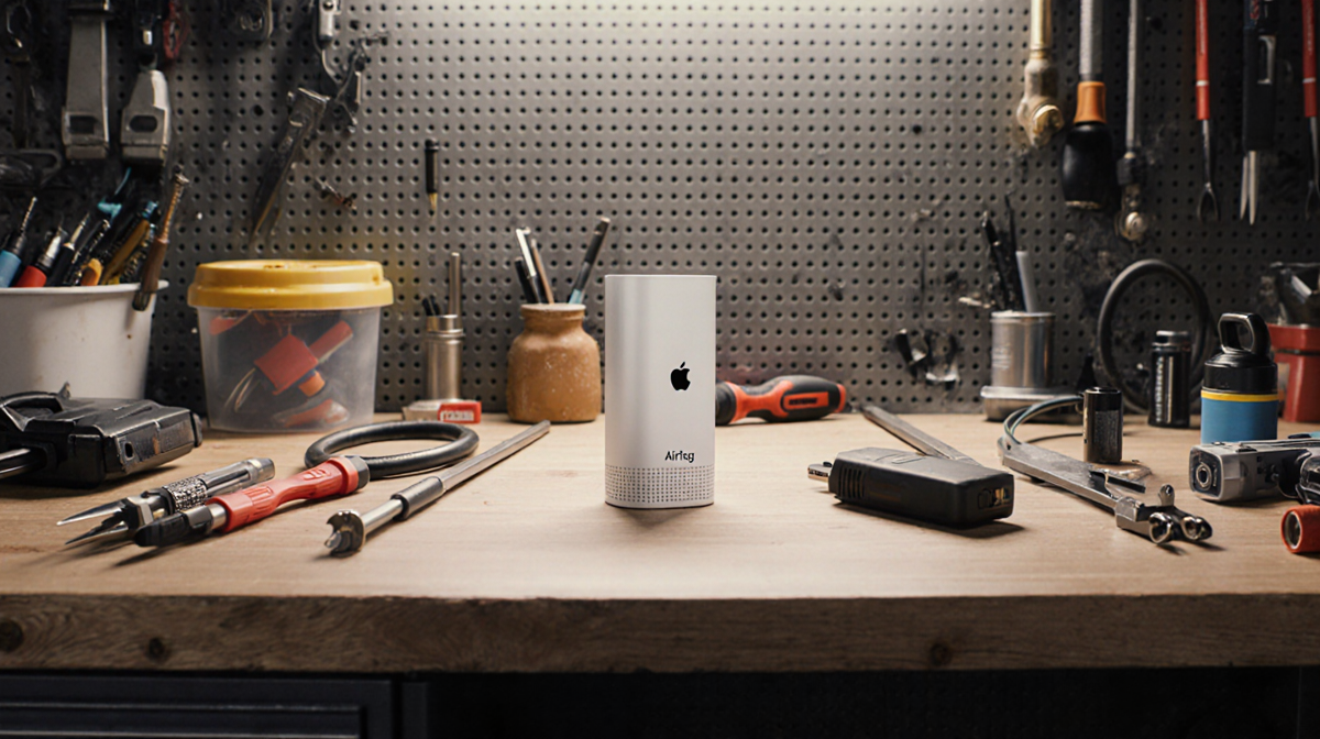 Apple AirTag 2 gleaming on workbench with tools and cables arranged neatly and warm industrial backdrop.