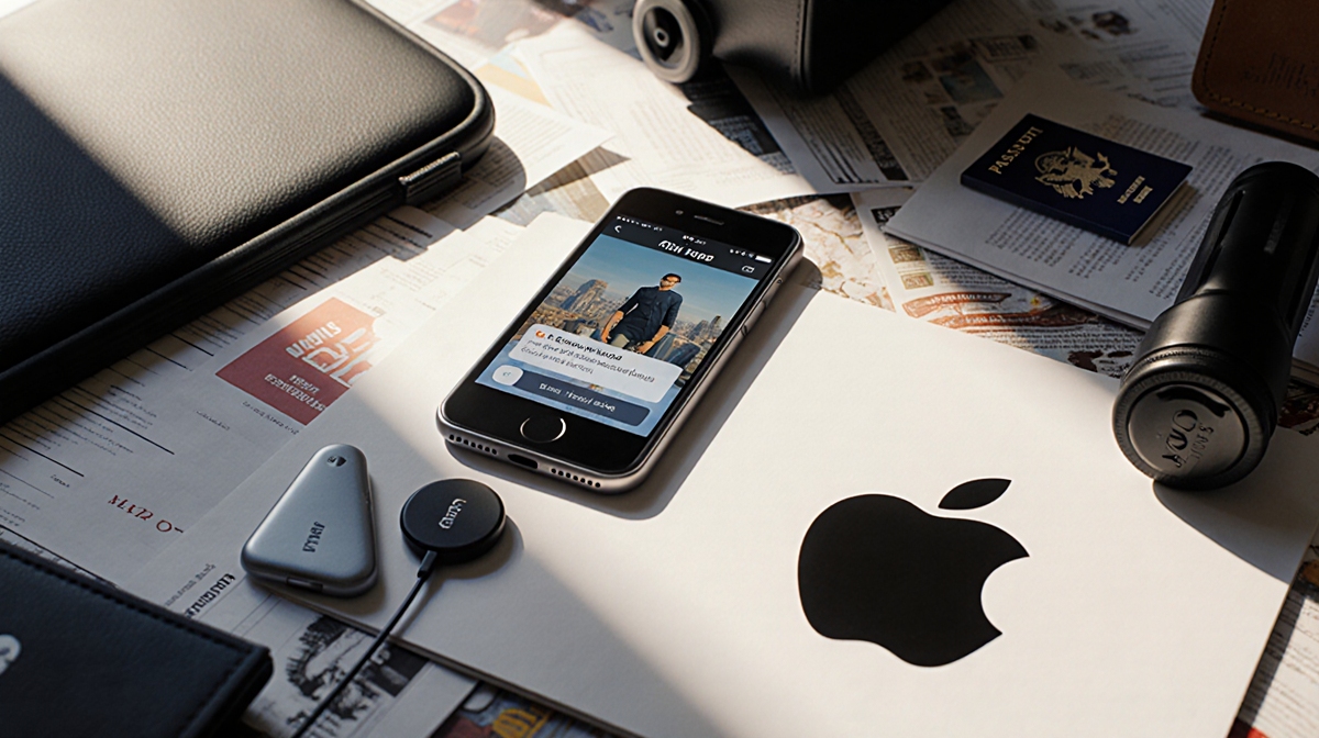iPhone shows AirTag app with new AirTag and Apple logo beside it on a cluttered desk hinting at travel
