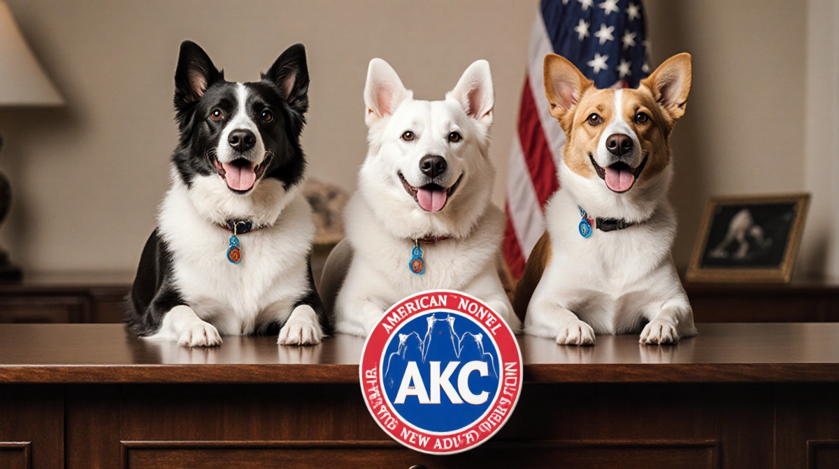 AKC logo displaying proudly on desk with three happy dog breeds presented for registration