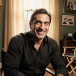Al Pacino actor sits smiling with vintage cameras and family photos in a warm dimly lit study