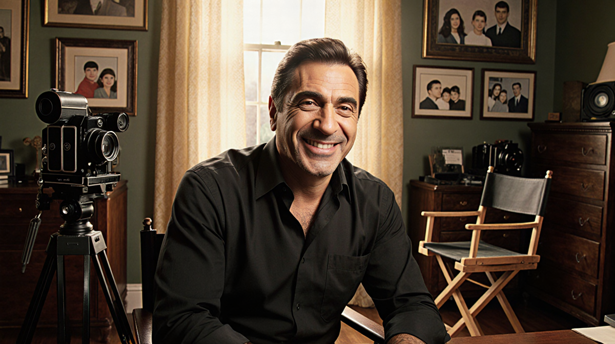 Al Pacino actor sits smiling with vintage cameras and family photos in a warm dimly lit study