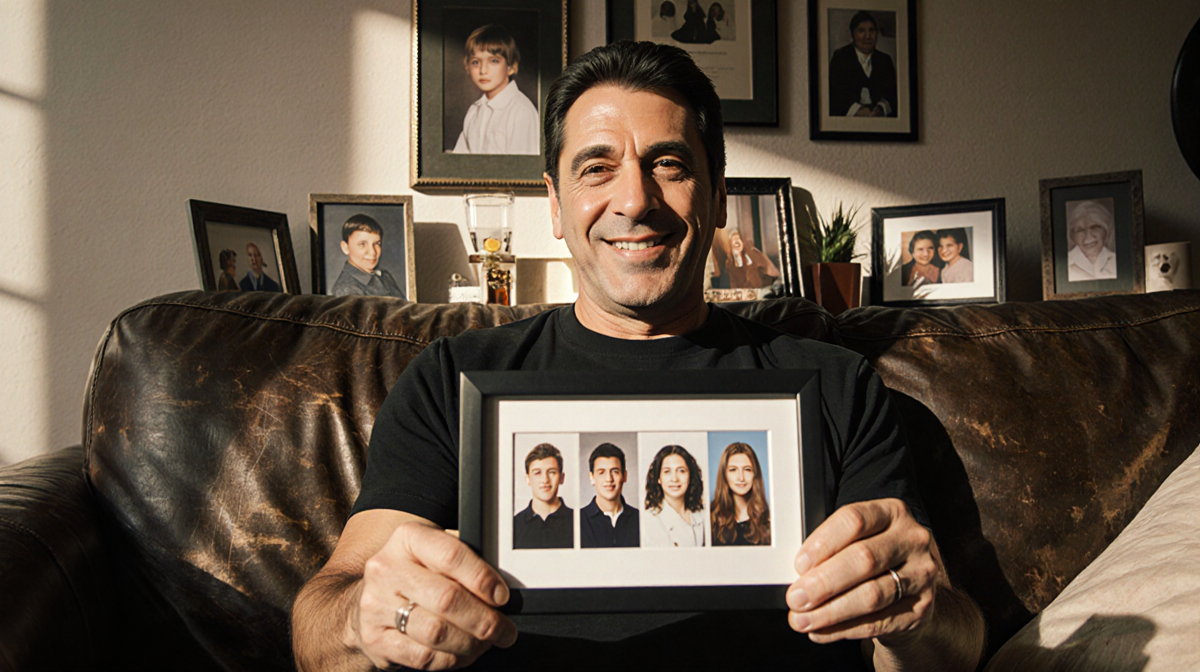 Al Pacino sits on a worn leather couch holding a framed family photo with a smile as a father in warm natural lighting