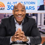 Al Roker smiles hands clasped listening to Howard Stern on radio show with a blurred Today set and a 30-year milestone banner