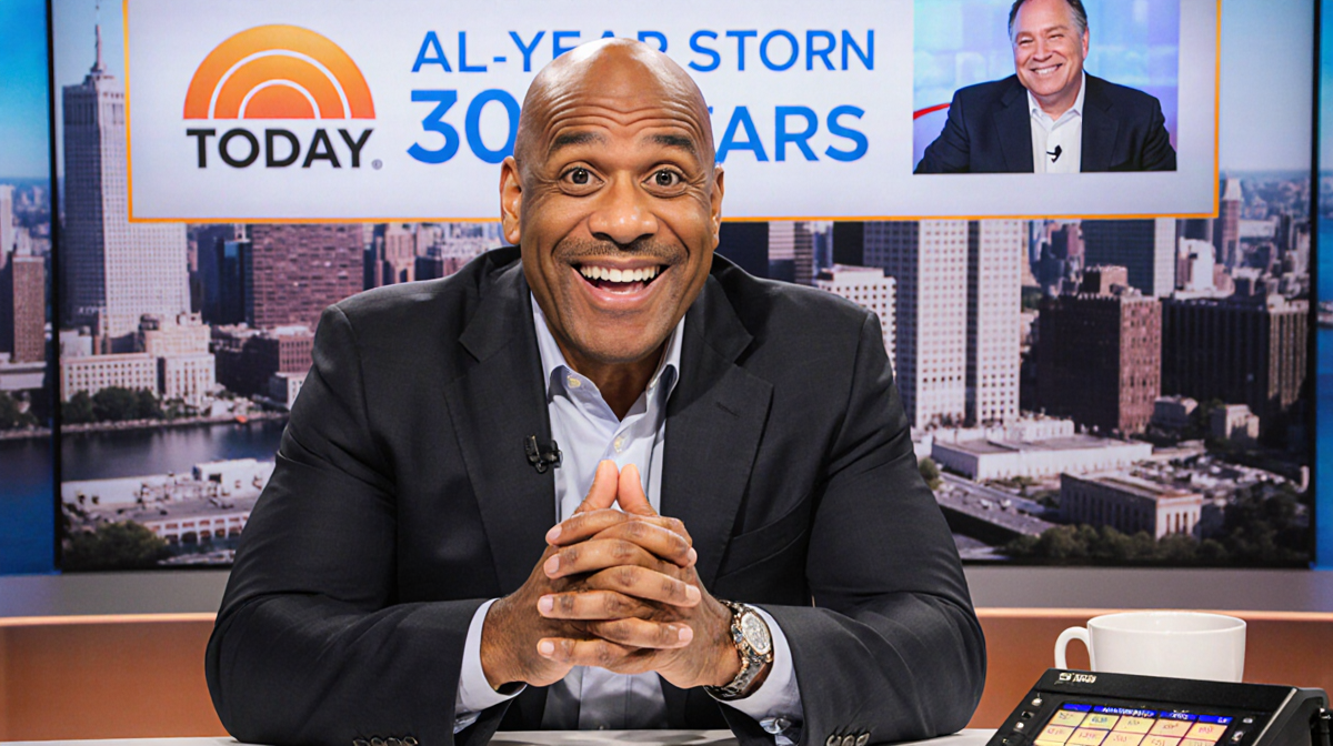 Al Roker smiles hands clasped listening to Howard Stern on radio show with a blurred Today set and a 30-year milestone banner