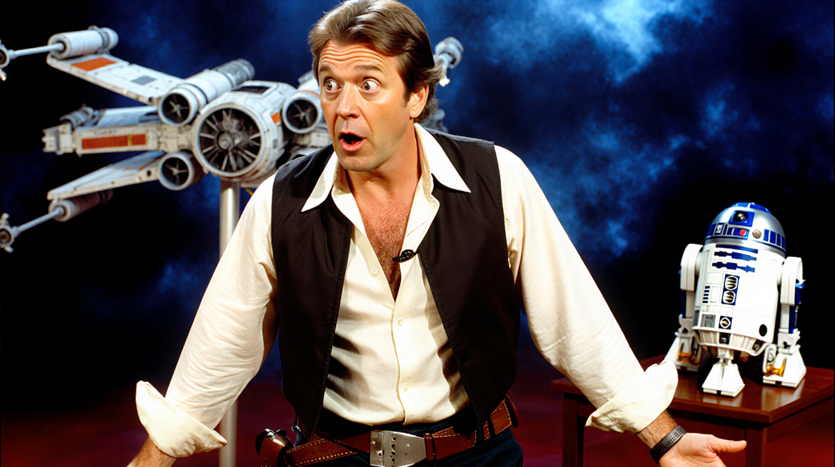 Al Roker wearing a Han Solo costume with a surprised look and X-wing and R2-D2 props in background with Halloween lighting.