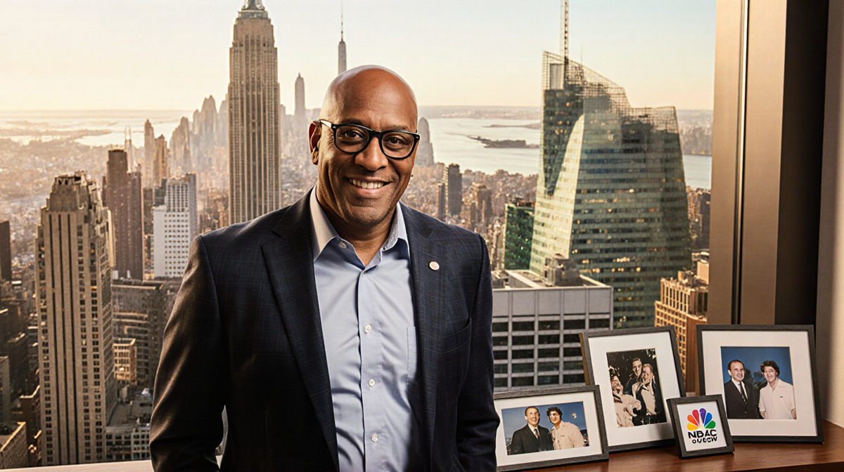 Al Roker standing with NBC Today Show building in bright cityscape and framed photos on a table