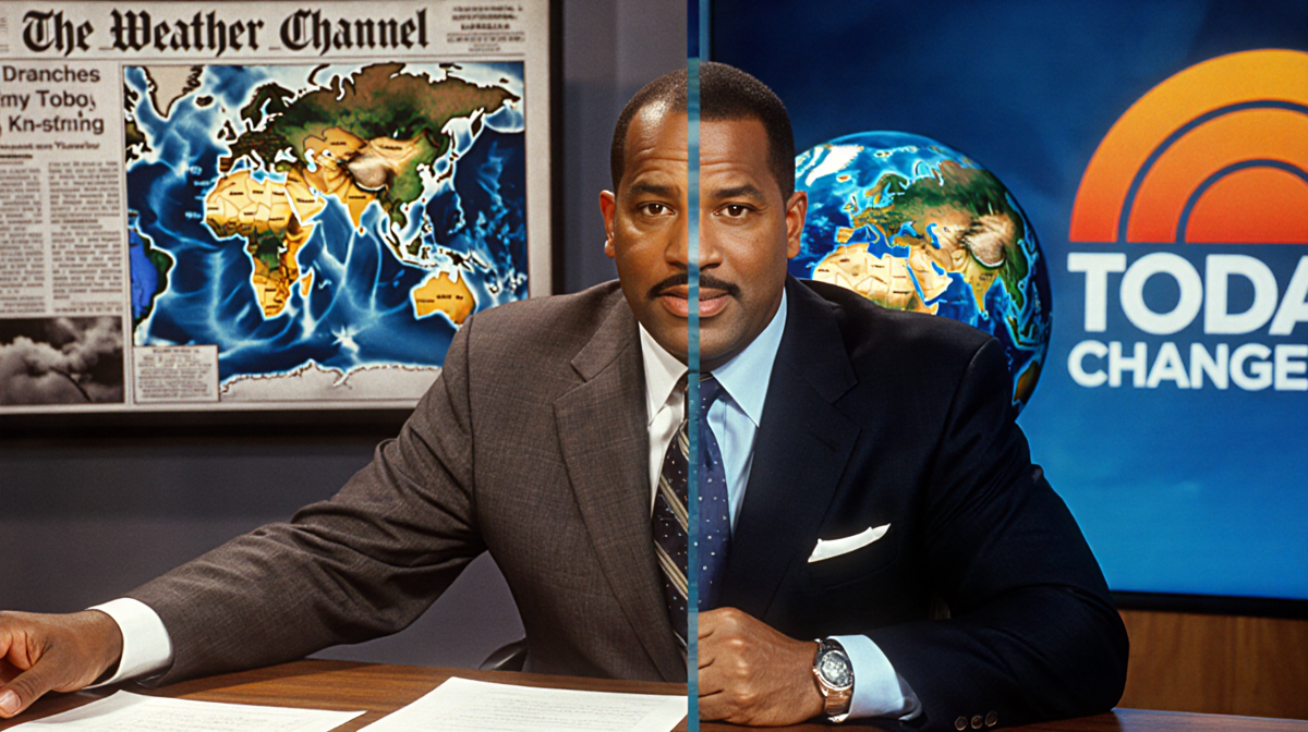 Al Roker walking into TODAY studio with split-screen of news desk and globe highlighting his new role as weather anchor