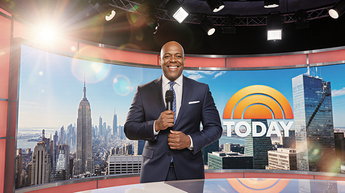 Al Roker standing proudly with microphone and TODAY logo behind him on a bright sunny morning news desk