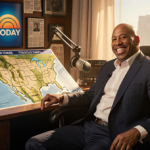 Al Roker smiles at Howard Stern with golden light on weather map and Today show logo
