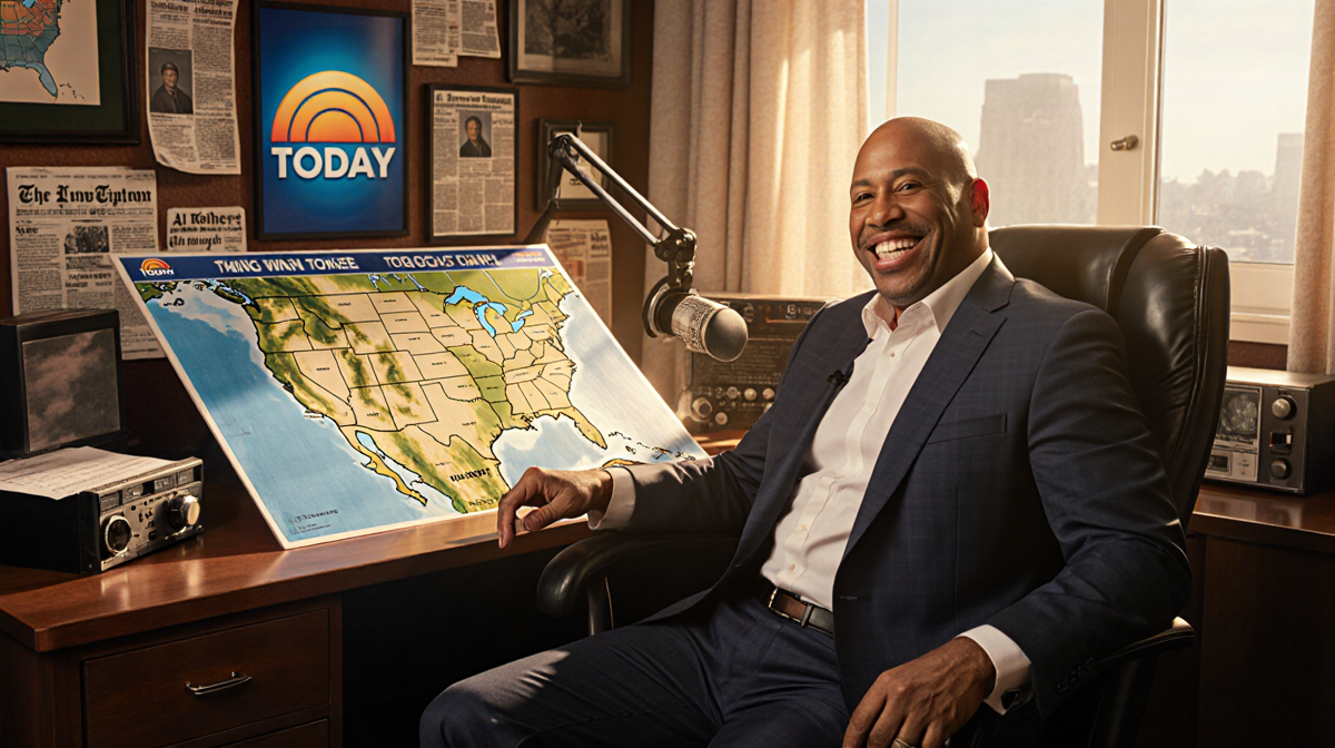 Al Roker smiles at Howard Stern with golden light on weather map and Today show logo