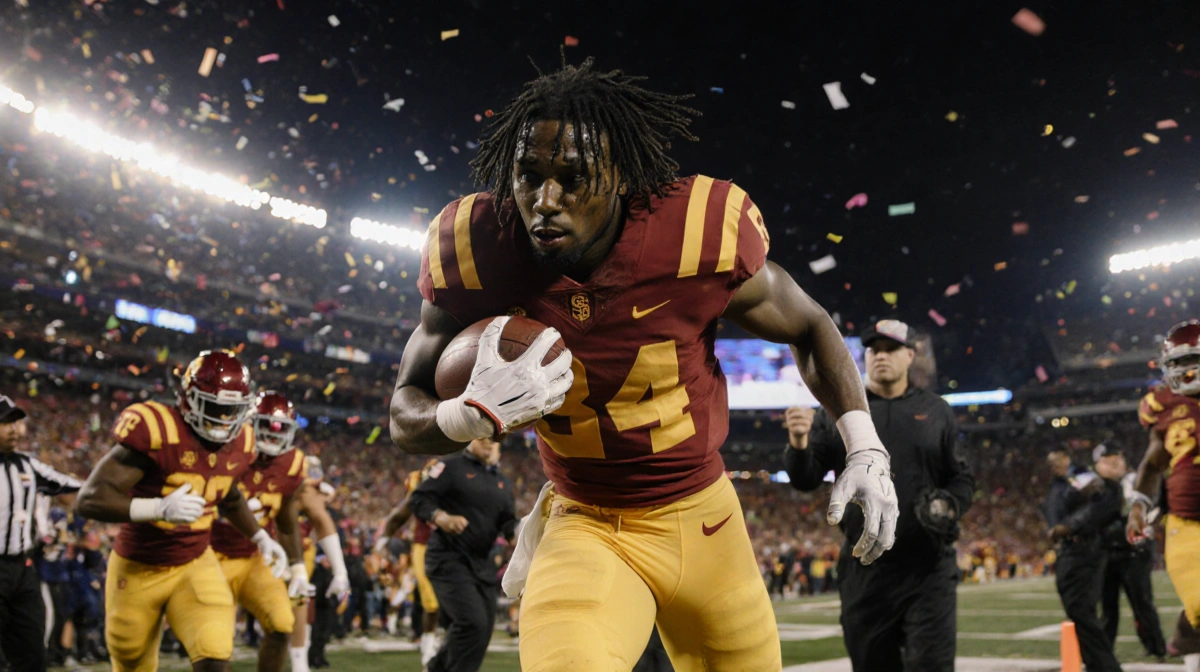 Tanook Hines rushing to sideline clutching ball with shocked face amid stunned USC players in Alamo Bowl stadium confetti