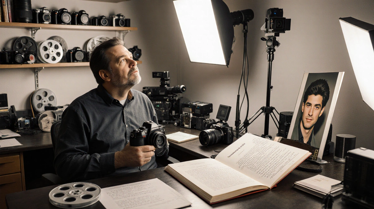 Alan Caudillo holds a camera and looks up at Timothy Busfield's headshot in a photography studio with film reels.