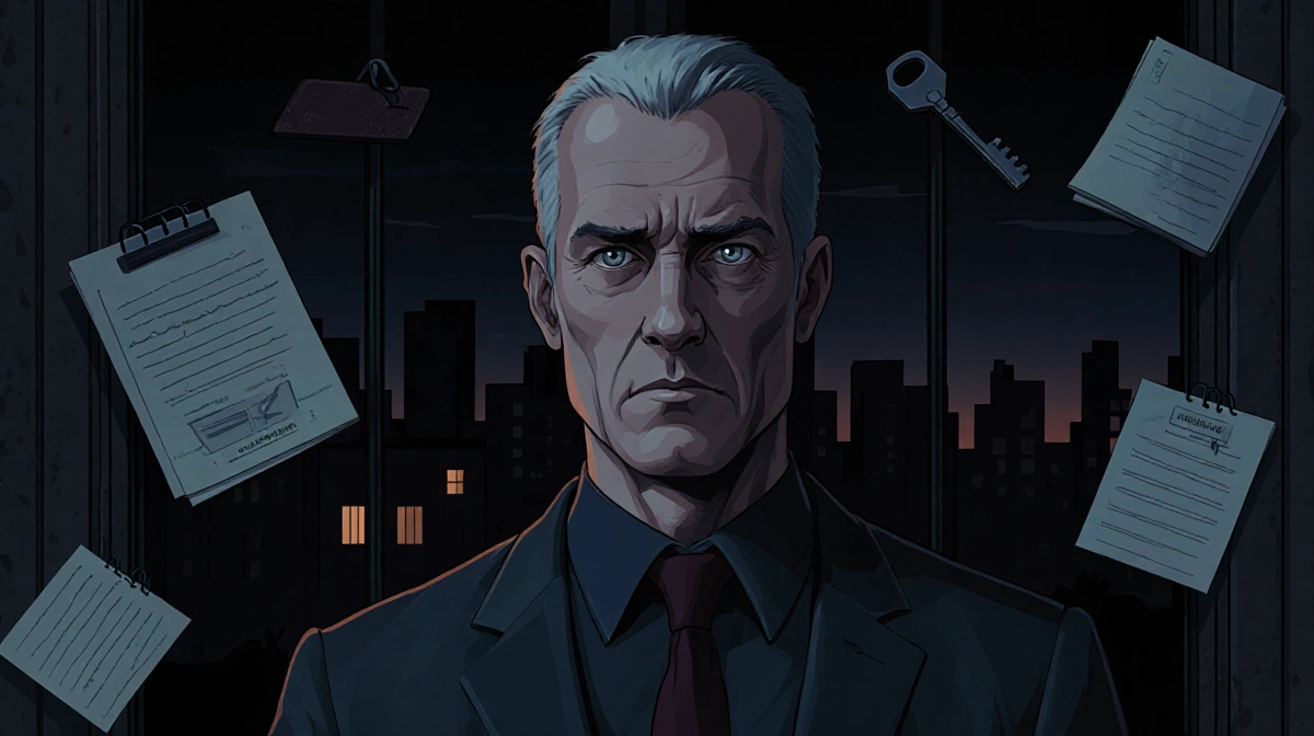 Alan Cumming stands with calculating expression and gleaming eyes near scattered notes and cryptic messages