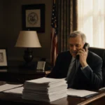 Alan Jackson speaking on phone with legal files and framed law firm logo on wood-paneled office wall